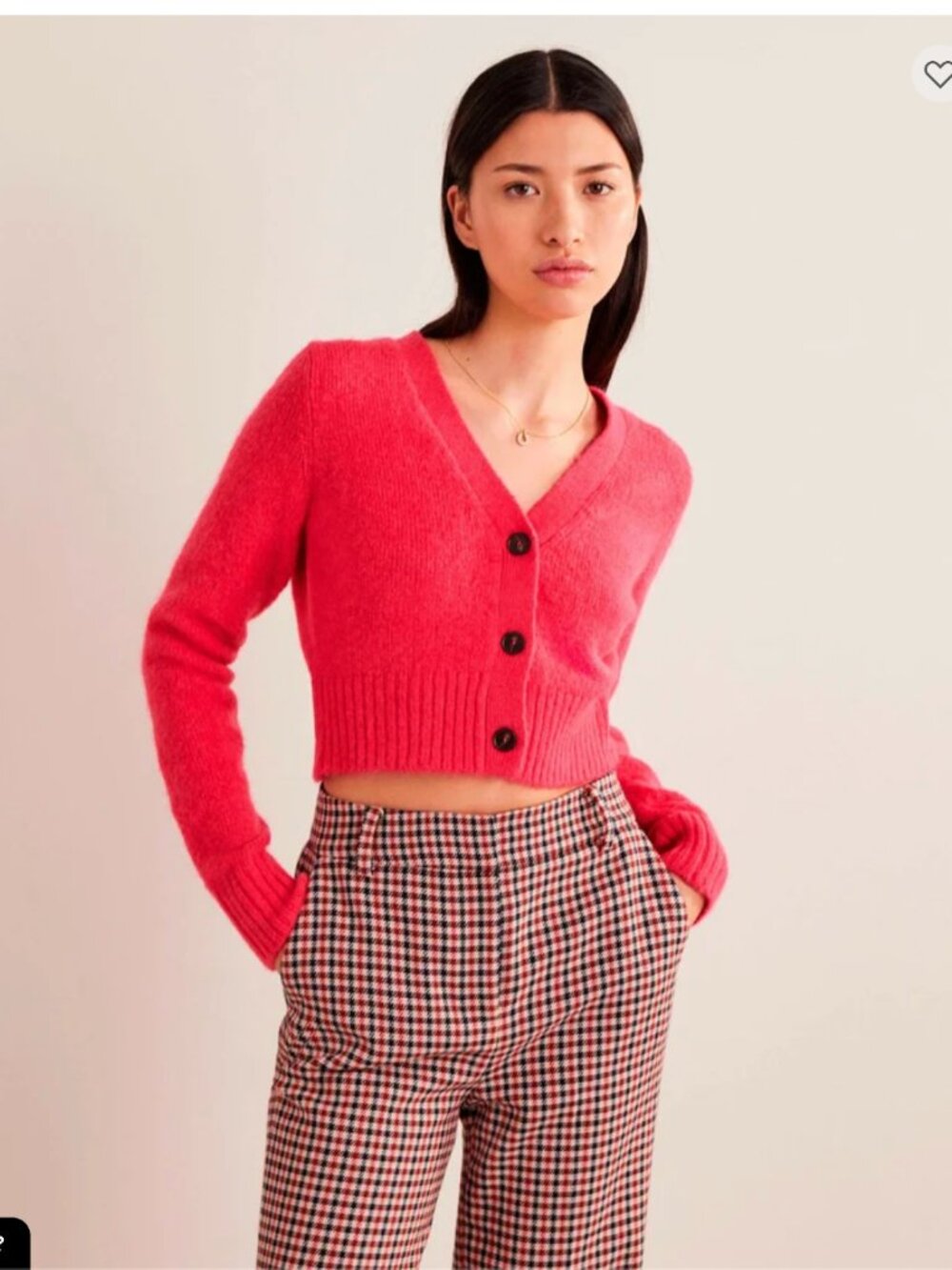 Boden Fluffy Cropped V Neck Cardigan L Hot Pink Wool Mohair Preppy Retro